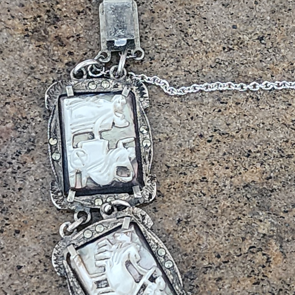 Antique Art Deco Mother Of Pearl Cameo Sterling Silver Bracelet Marcasite - Picture 9 of 10